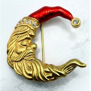 New Santa Moon Brooch Gold Tone Red Enamel Rhinestone Crescent Pin